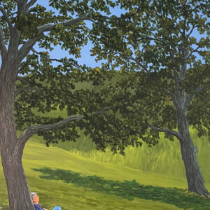 Acrylic Painting of a man sitting in the shade of an Oak Tree, overlooking a valley landscape